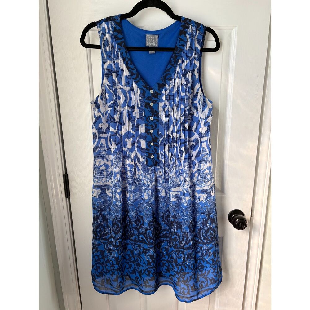Rabbit Rabbit Rabbit Blue Abstract Artsy Sleeveless Shift Dress Button Size 12